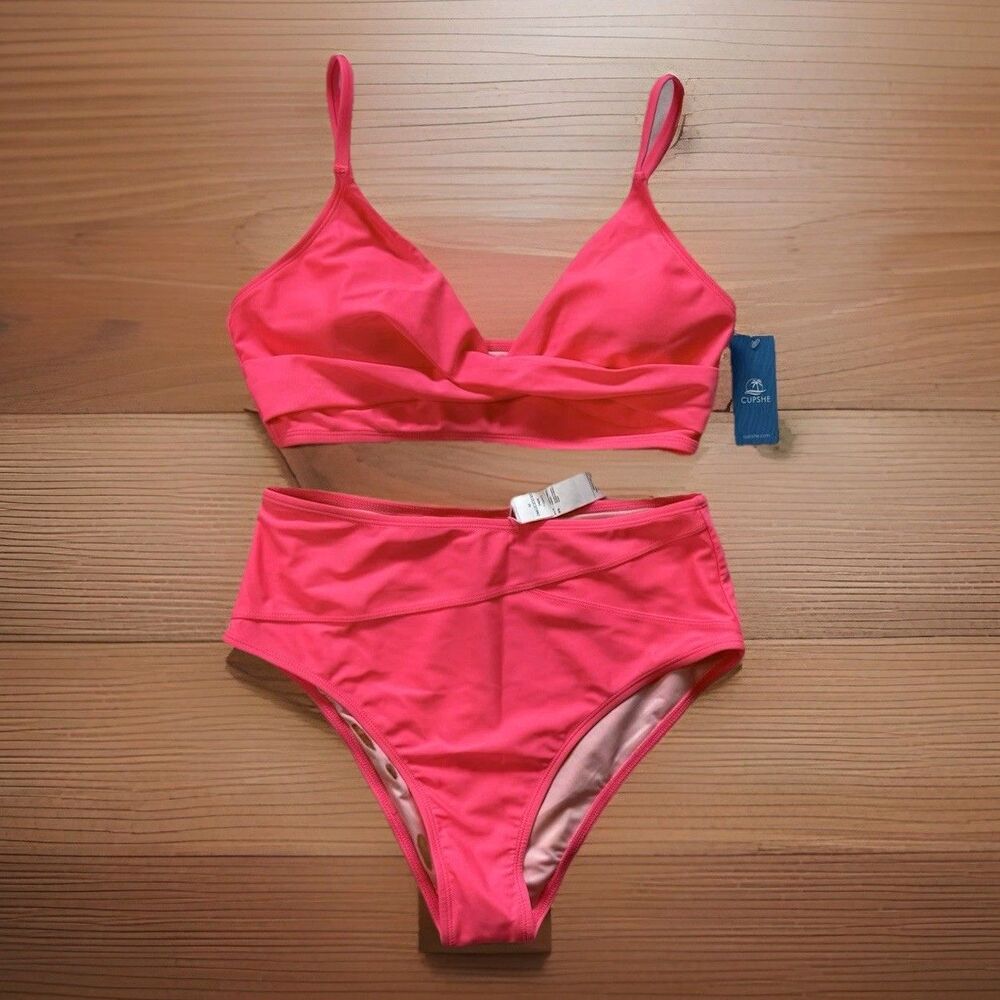 Cupshe NWT Womens Size Medium Pink Twist Front High Waisted Bikini Set